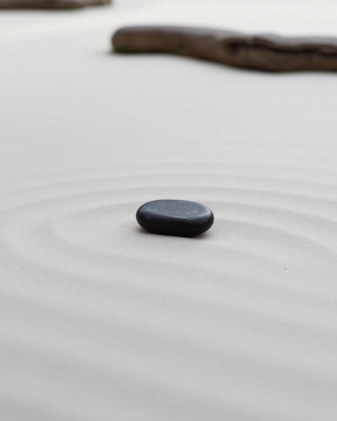 A single smooth stone resting on raked sand